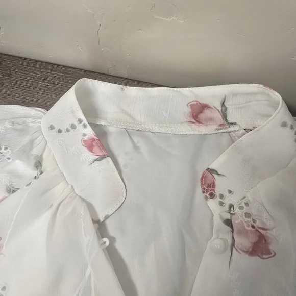 White Pink Floral Button-Up Blouse with Mandarin Collar Size Large - Cottagecore - Picture 7 of 11